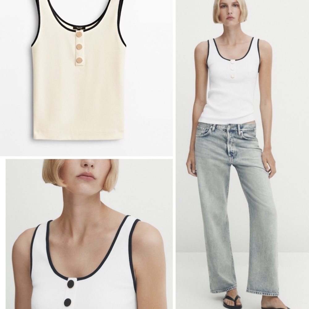 Massimo Dutti Contrast Ribbed Top Gold Buttons
